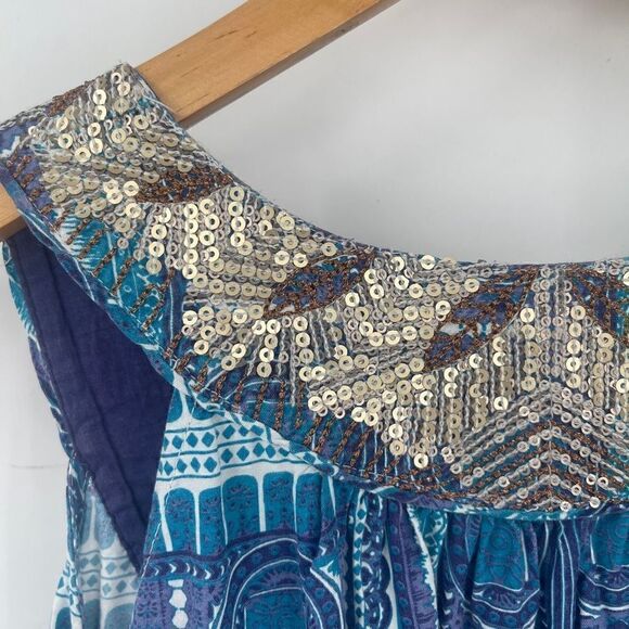 Monsoon Womens Blue Sleeveless Geometric Ruffled Dress Embellished Sequins Small - Picture 6 of 6